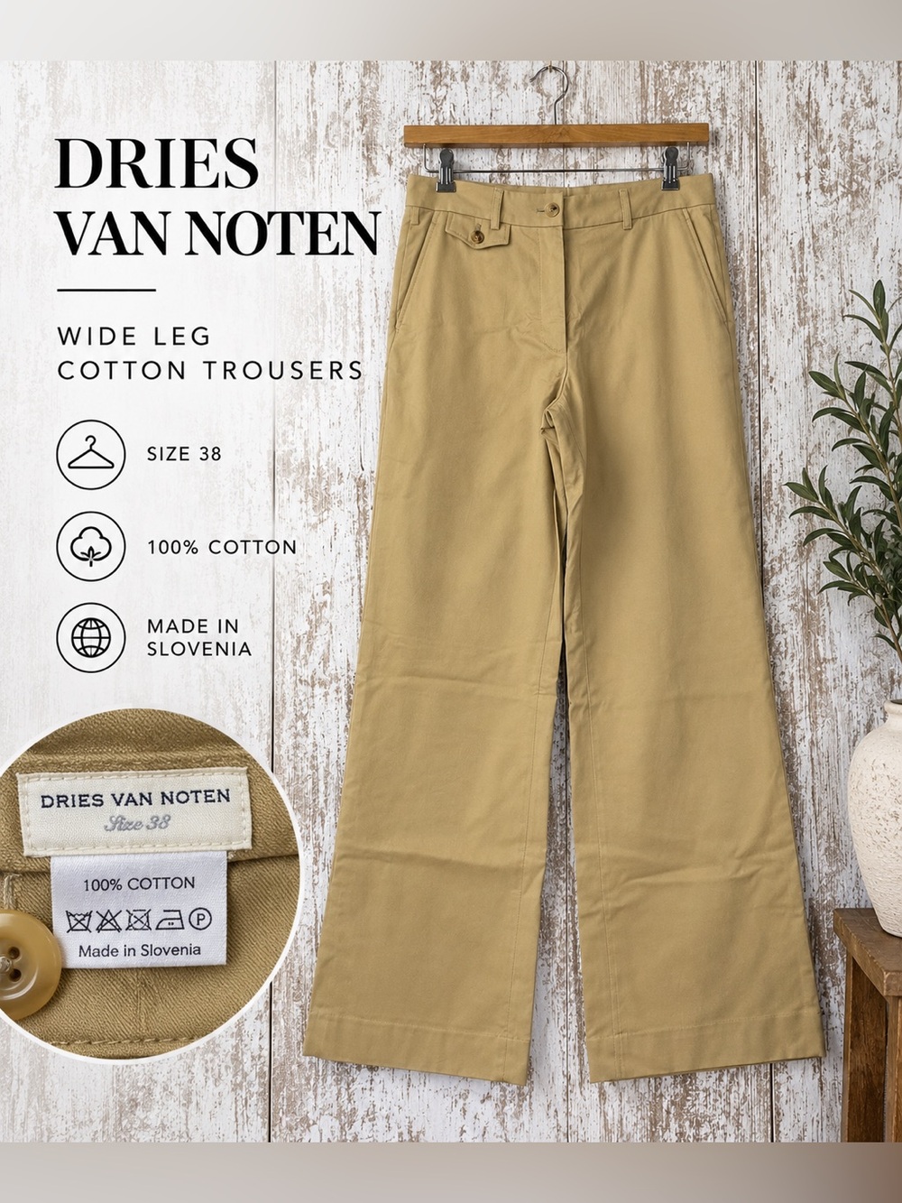 Dries Van Noten Tan Wide Leg Cotton Trousers Pants Size 38